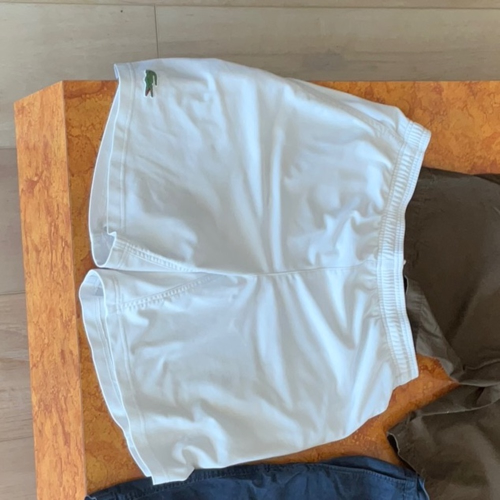 Lacoste shorts lot, 2 chino (brown, navy sz.36), 1 Sport/athletic (white, sz.6).